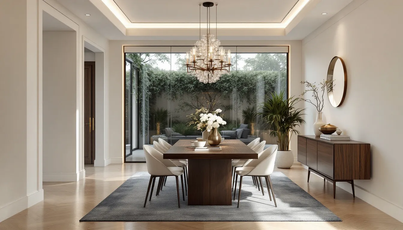 A dining room with updated furniture and lighting, perfect for entertaining guests.